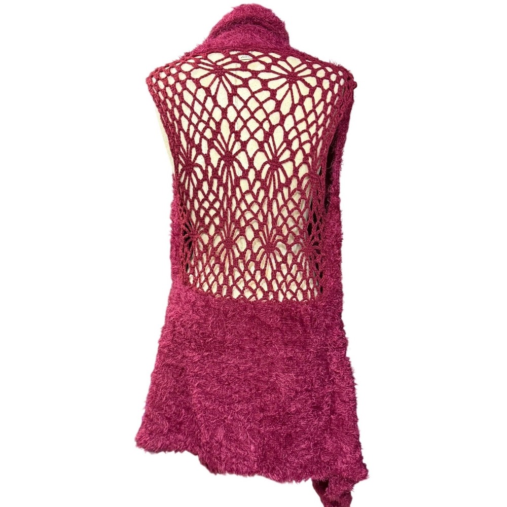 Escio XL Cardigan Vest Burgundy Crochet Fuzzy Knit Boho Glam Hippie Janis Joplin
